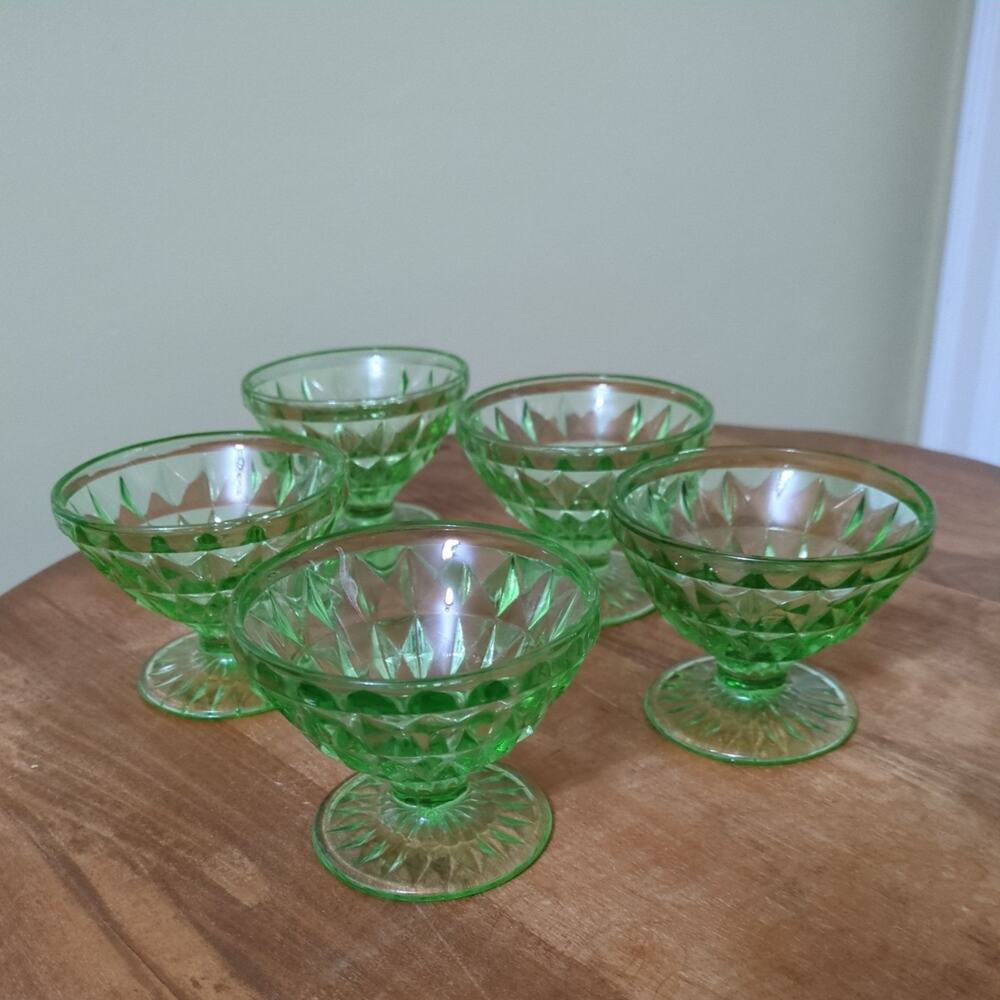 5 Jeanette Windsor Green Uranium Glass Footed Sherbets